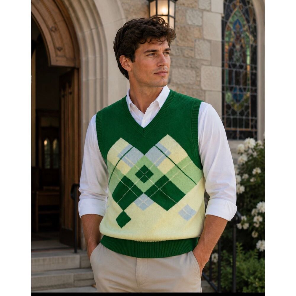 Argyle Sweater Vest  Rucci Wear- Mens Lime/Dk. Green/Blue/yellow size Large L Go